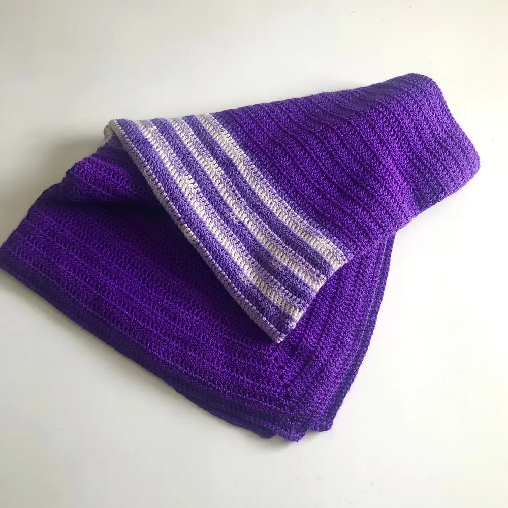 Handmade Crochet Afghan Throw Baby Blanket Purple White Soft VTG Style